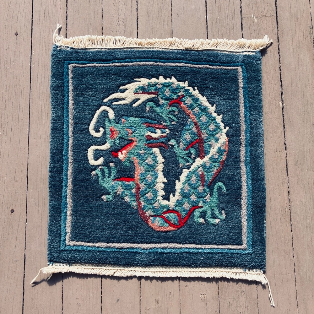 Tibetan meditation carpet prayer rug Dragon 18" square vintage wool hand knot